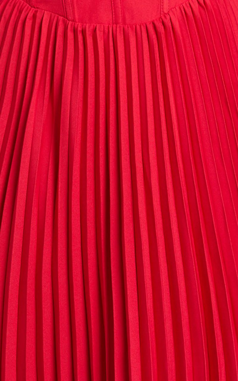 Loretta Midi Dress - Lace Up Back Bustier Pleated Dress in Red