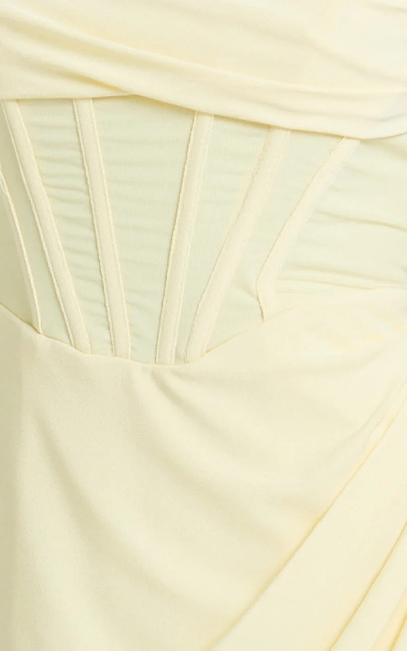Aidia Midi Dress - Off Shoulder Draped Corset Dress in Lemon