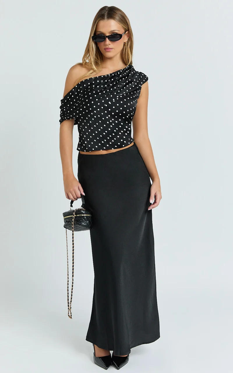 Blanca Top - One Shoulder Bias Cut Top in Black Polka Dot