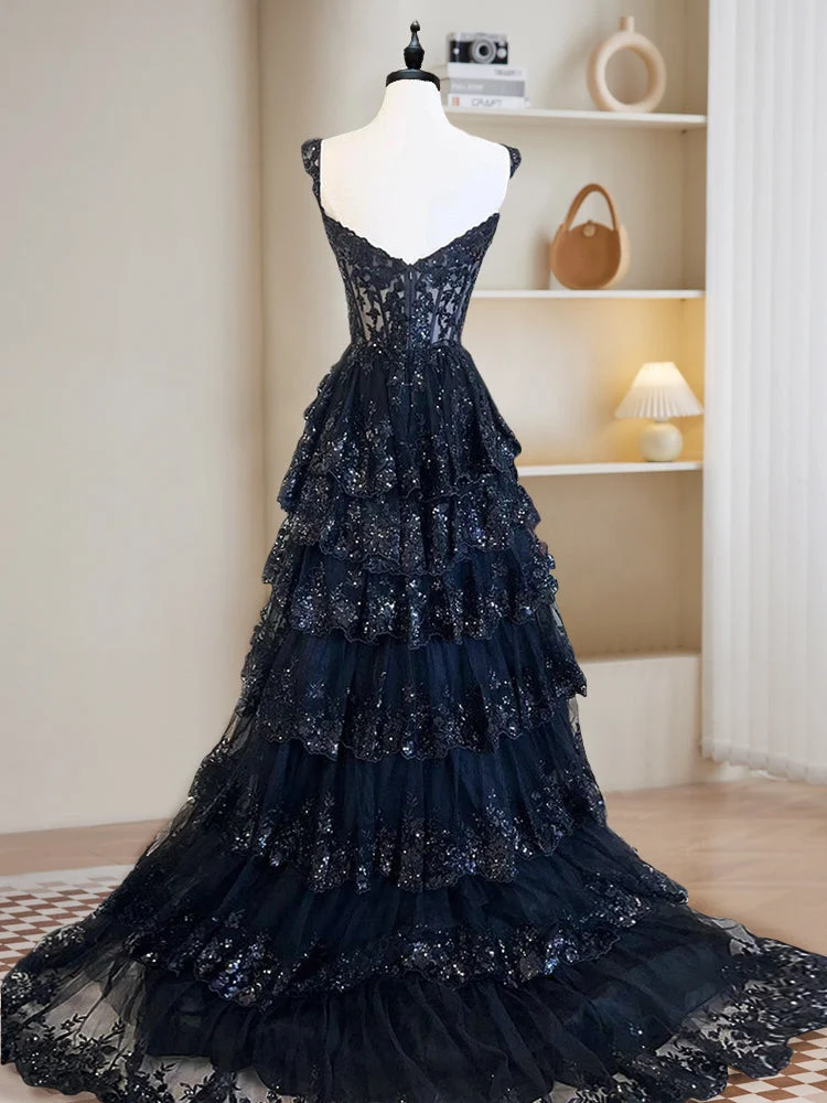 Belle robe de bal longue noire à paillettes pour femmes, idéale pour les occasions formelles