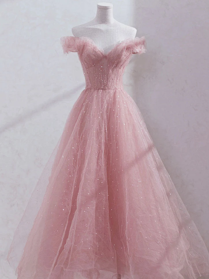 Robe de bal élégante en tulle rose à épaules dénudées, longueur thé, robe formelle