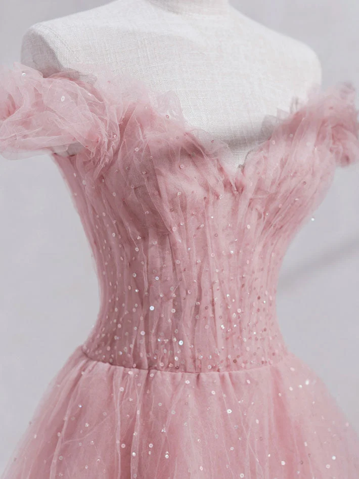 Robe de bal élégante en tulle rose à épaules dénudées, longueur thé, robe formelle