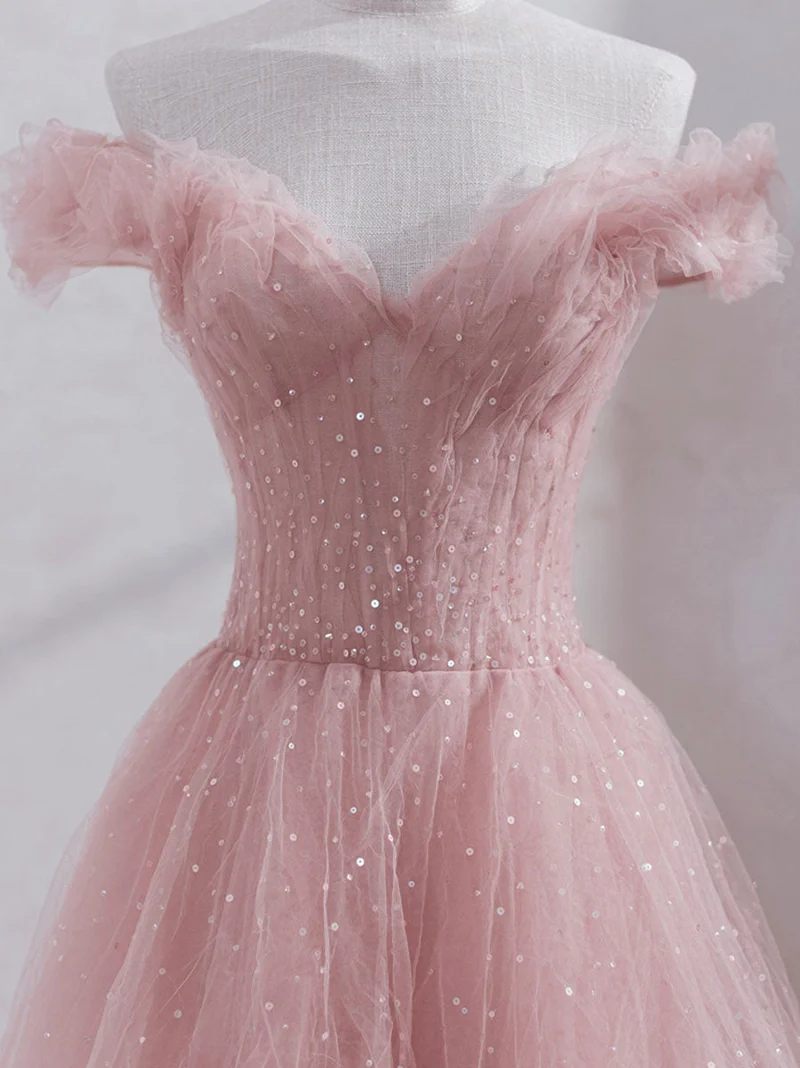 Robe de bal élégante en tulle rose à épaules dénudées, longueur thé, robe formelle