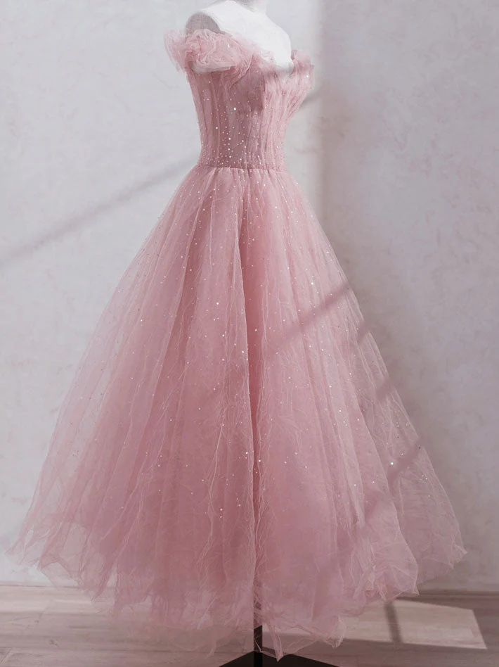Robe de bal élégante en tulle rose à épaules dénudées, longueur thé, robe formelle