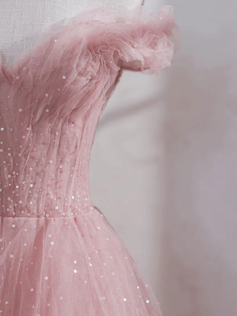 Robe de bal élégante en tulle rose à épaules dénudées, longueur thé, robe formelle