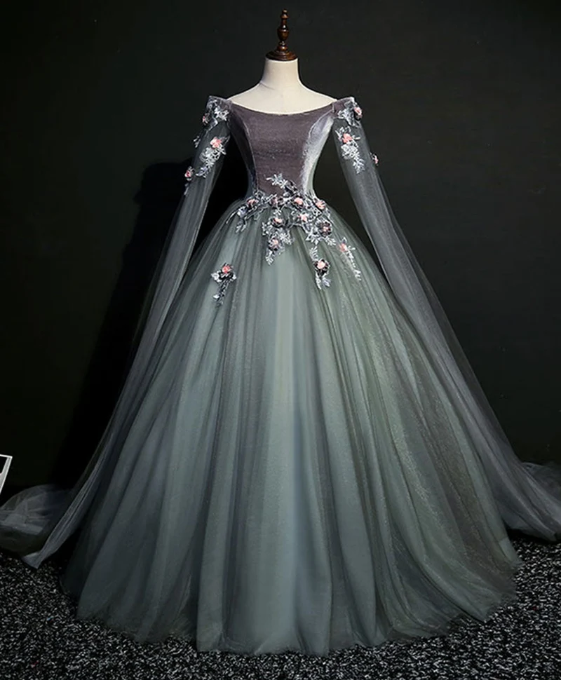Robe de soirée longue en tulle et dentelle gris vert