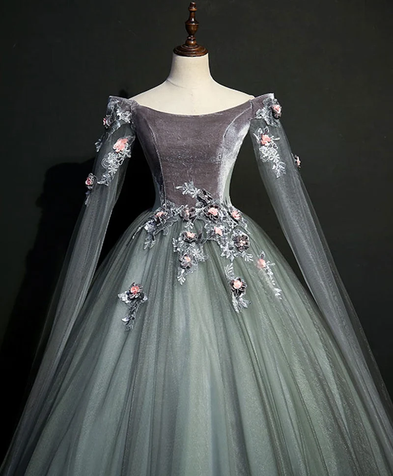 Robe de soirée longue en tulle et dentelle gris vert