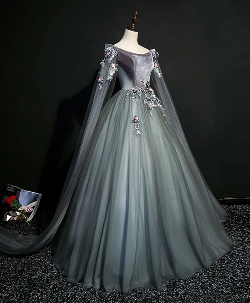 Robe de soirée longue en tulle et dentelle gris vert