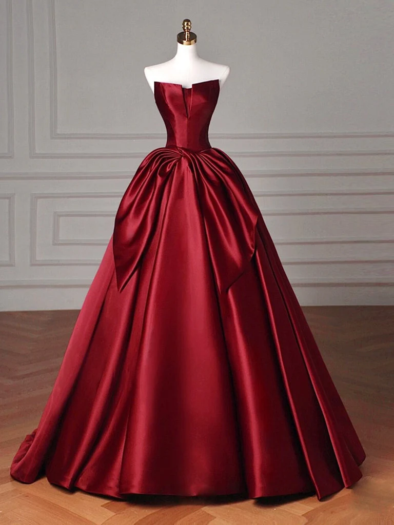 Robe de bal longue coupe trapèze en satin bordeaux pour femmes, idéale pour les occasions formelles