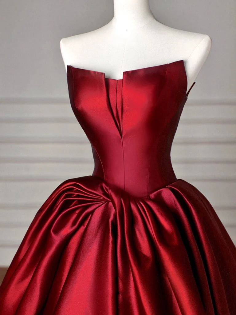 Robe de bal longue coupe trapèze en satin bordeaux pour femmes, idéale pour les occasions formelles