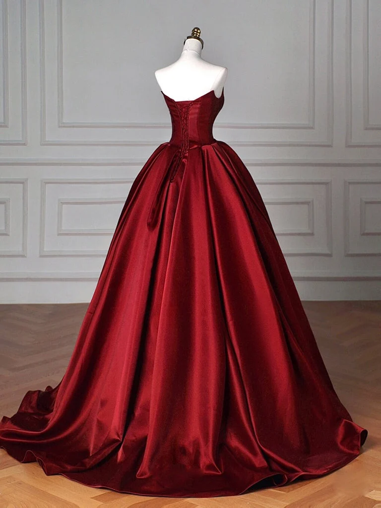 Robe de bal longue coupe trapèze en satin bordeaux pour femmes, idéale pour les occasions formelles