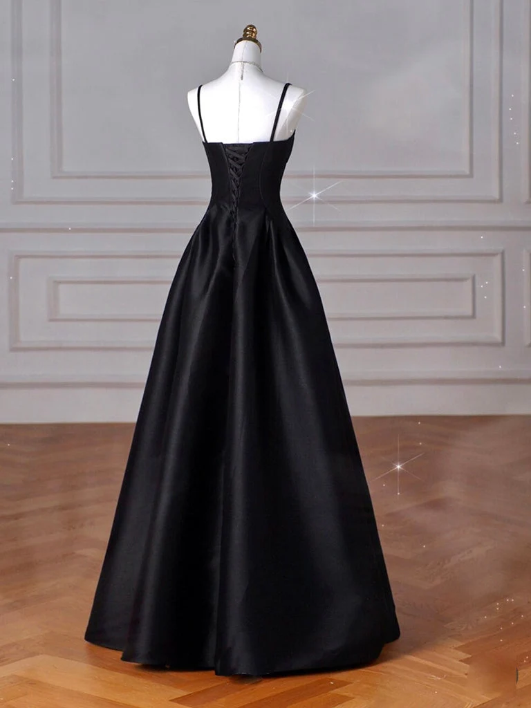 Robe de bal longue noire élégante en satin coupe trapèze pour femme