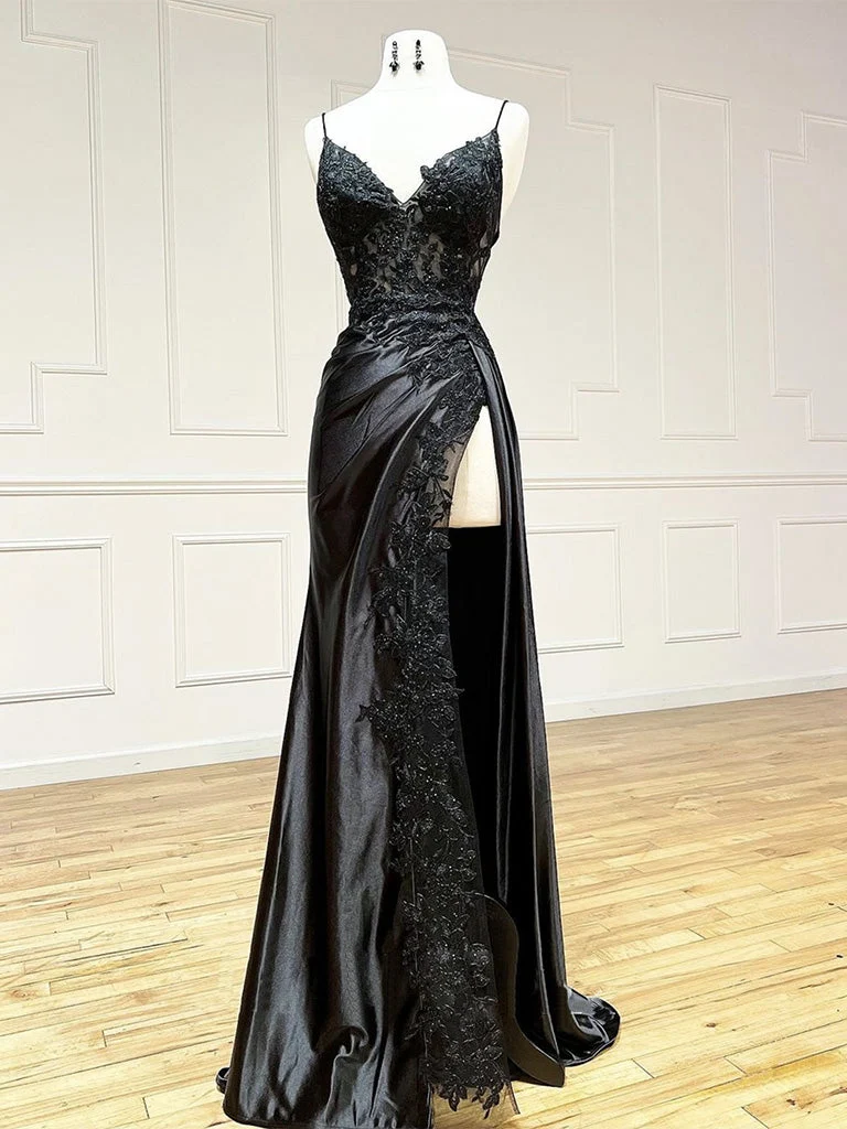 Robe de soirée longue en satin bleu foncé à col en V et dentelle