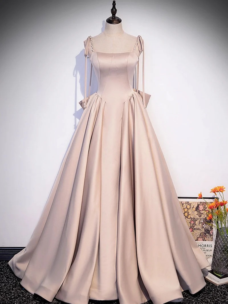 Robe de bal longue en satin coupe A champagne Robe de soirée champagne
