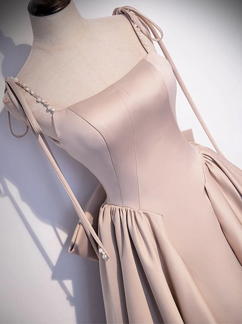 Robe de bal longue en satin coupe A champagne Robe de soirée champagne