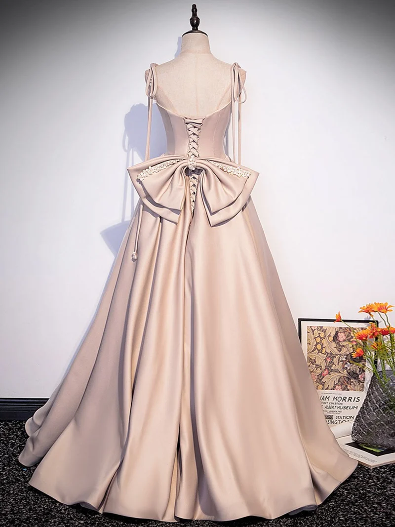 Robe de bal longue en satin coupe A champagne Robe de soirée champagne