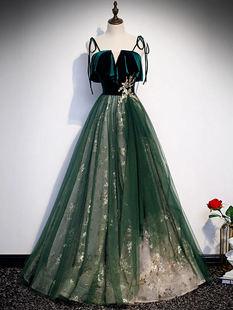 Belle robe de bal longue en tulle vert et dentelle