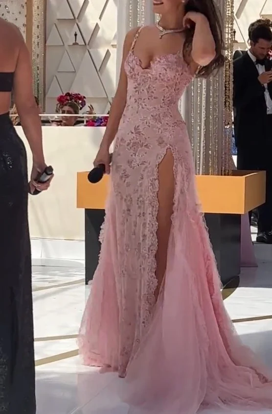 Robe de bal longue rose, robe de soirée, robe trapèze formelle