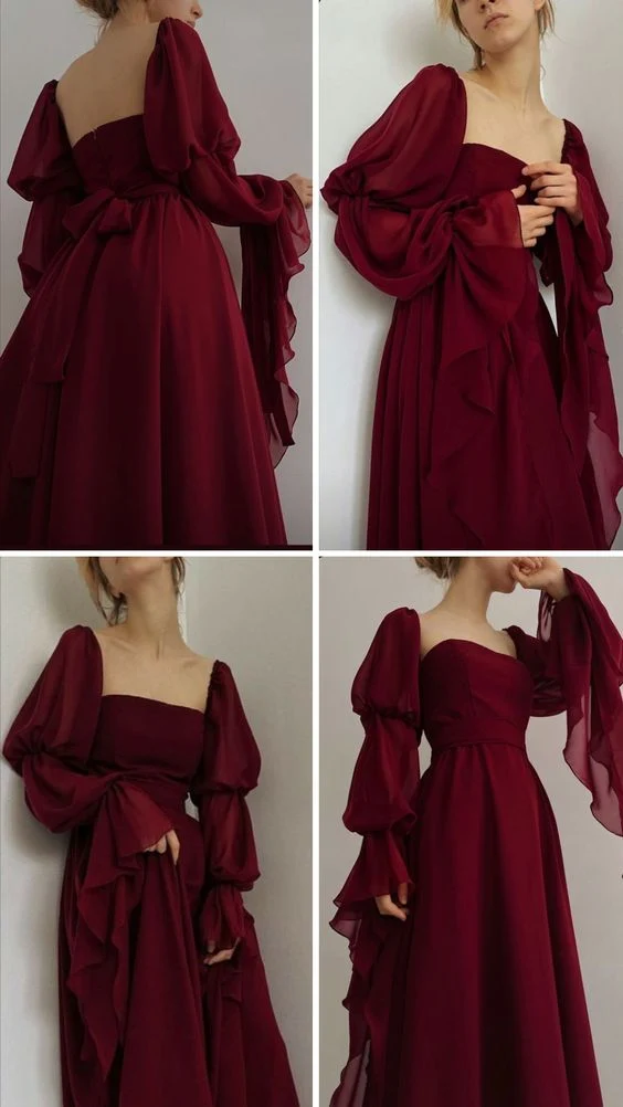 Belle robe de soirée vintage romantique bordeaux coupe trapèze