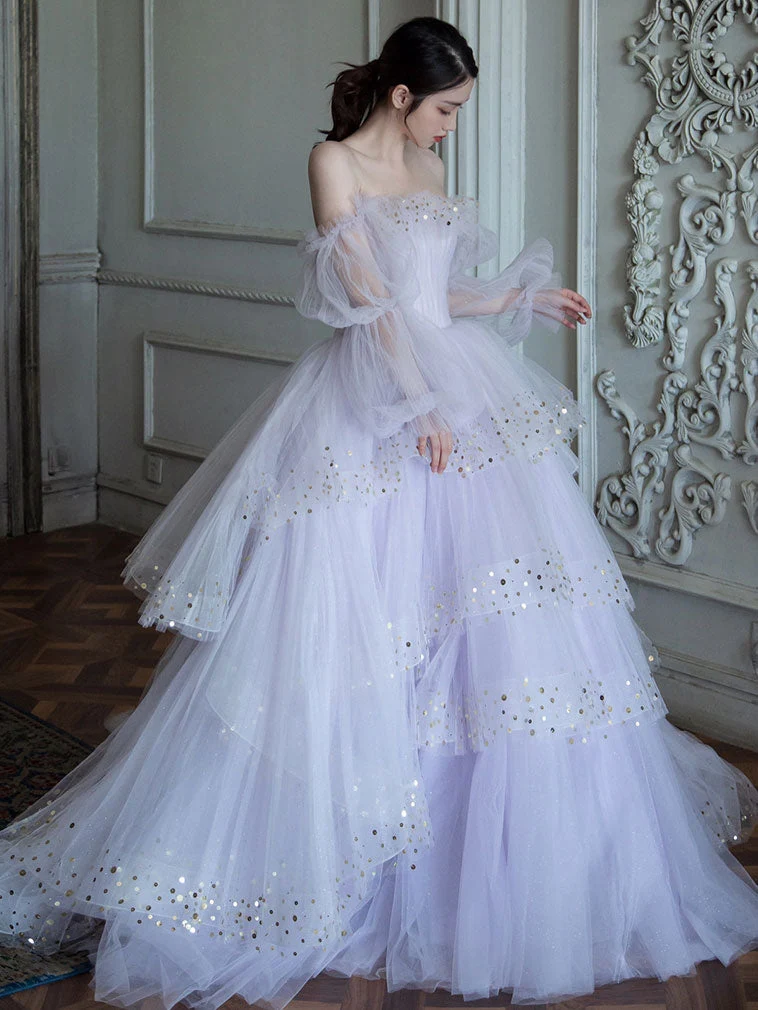Robe de soirée longue en tulle violet clair à paillettes pour femme