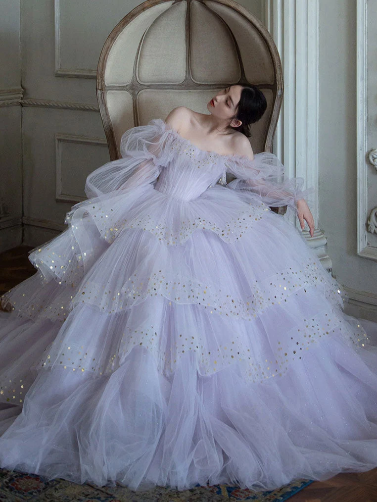 Robe de soirée longue en tulle violet clair à paillettes pour femme