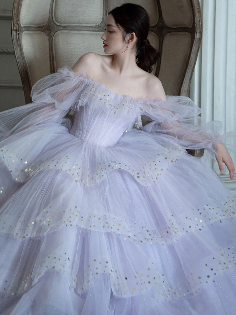 Robe de soirée longue en tulle violet clair à paillettes pour femme