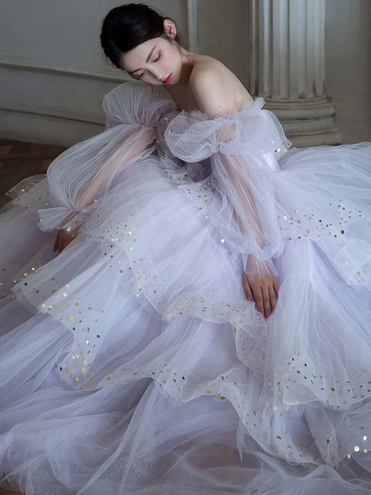 Robe de soirée longue en tulle violet clair à paillettes pour femme