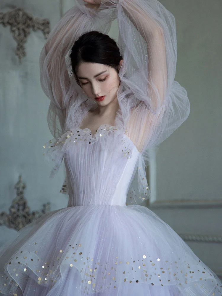 Robe de soirée longue en tulle violet clair à paillettes pour femme