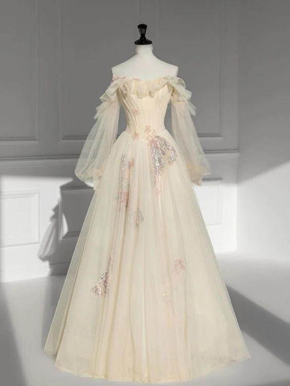 Robe de soirée longue en satin à épaules dénudées et manches bouffantes