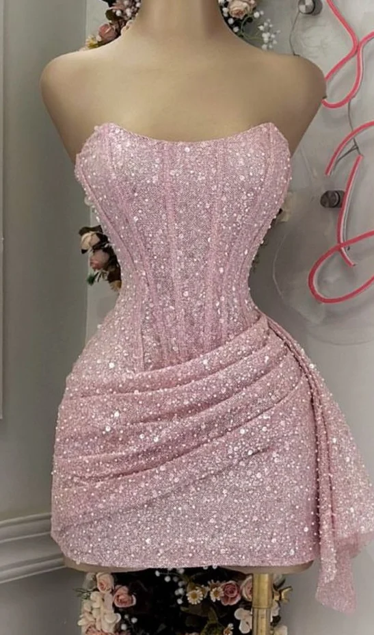 Robe mini bustier rose à paillettes pour fête d'anniversaire