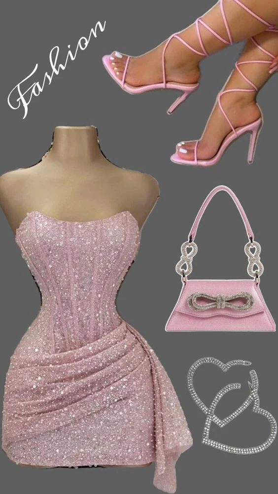 Robe mini bustier rose à paillettes pour fête d'anniversaire