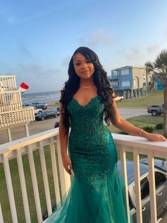 Robe de bal sirène vert foncé en tulle et dentelle, tenue de soirée pour l'hiver