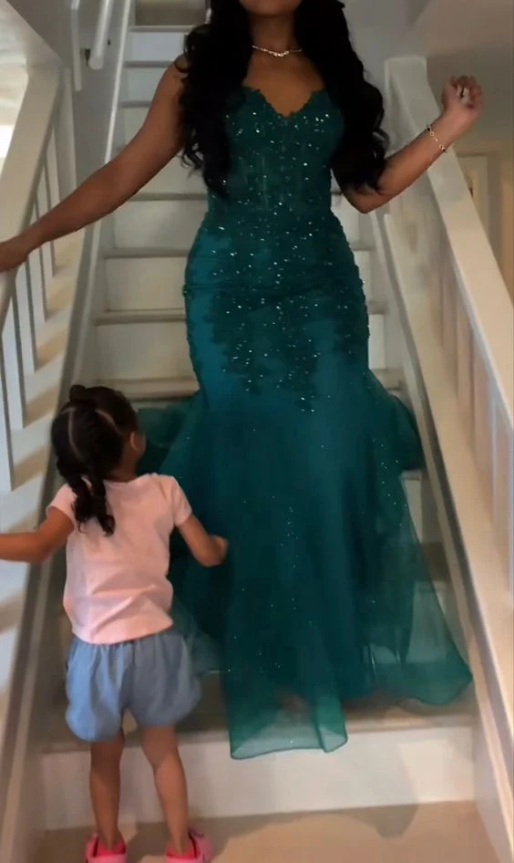 Robe de bal sirène vert foncé en tulle et dentelle, tenue de soirée pour l'hiver