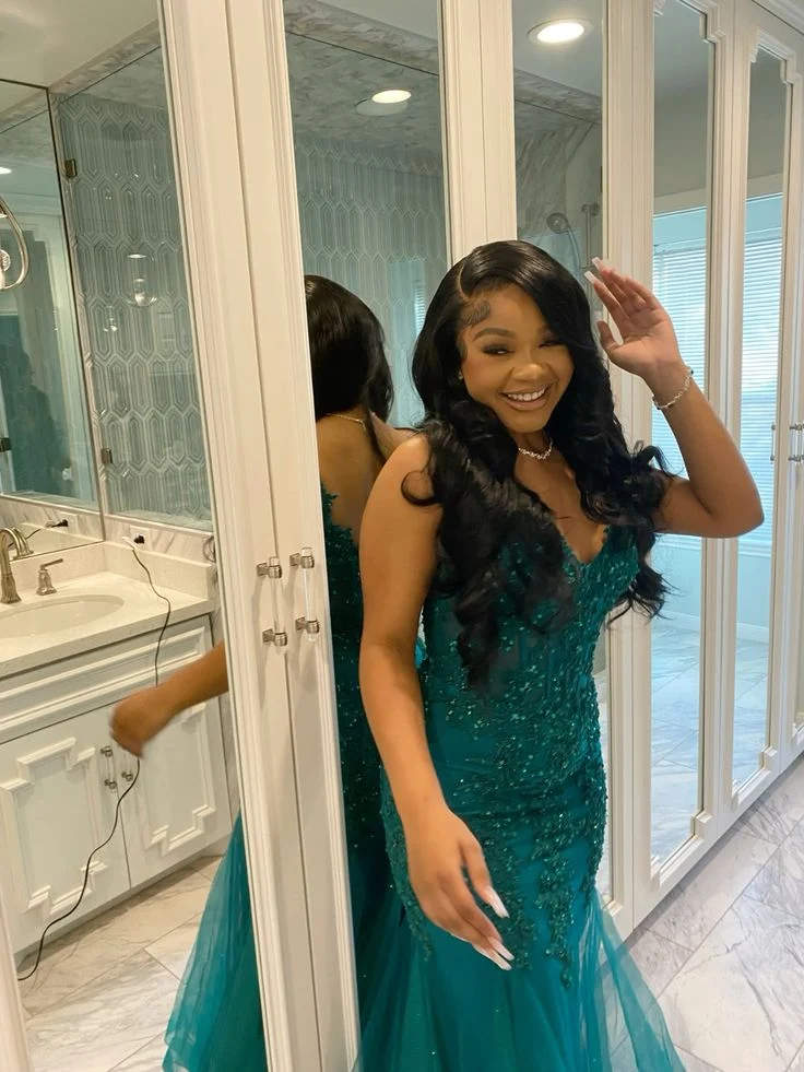 Robe de bal sirène vert foncé en tulle et dentelle, tenue de soirée pour l'hiver