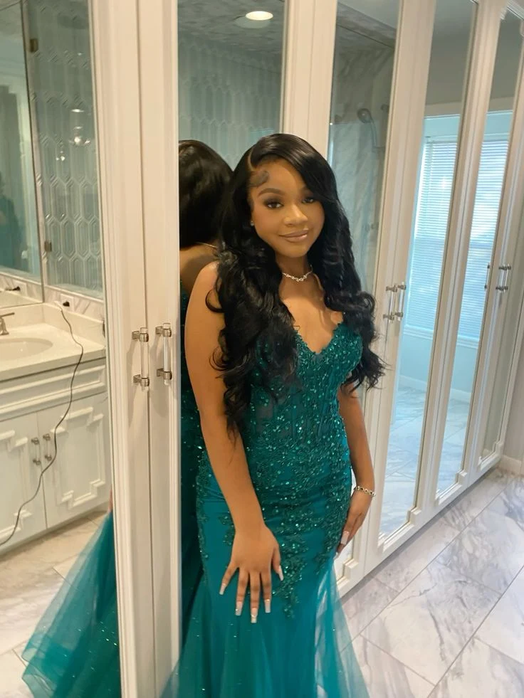 Robe de bal sirène vert foncé en tulle et dentelle, tenue de soirée pour l'hiver