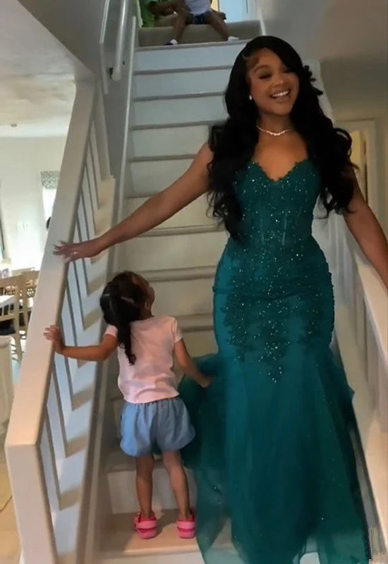 Robe de bal sirène vert foncé en tulle et dentelle, tenue de soirée pour l'hiver