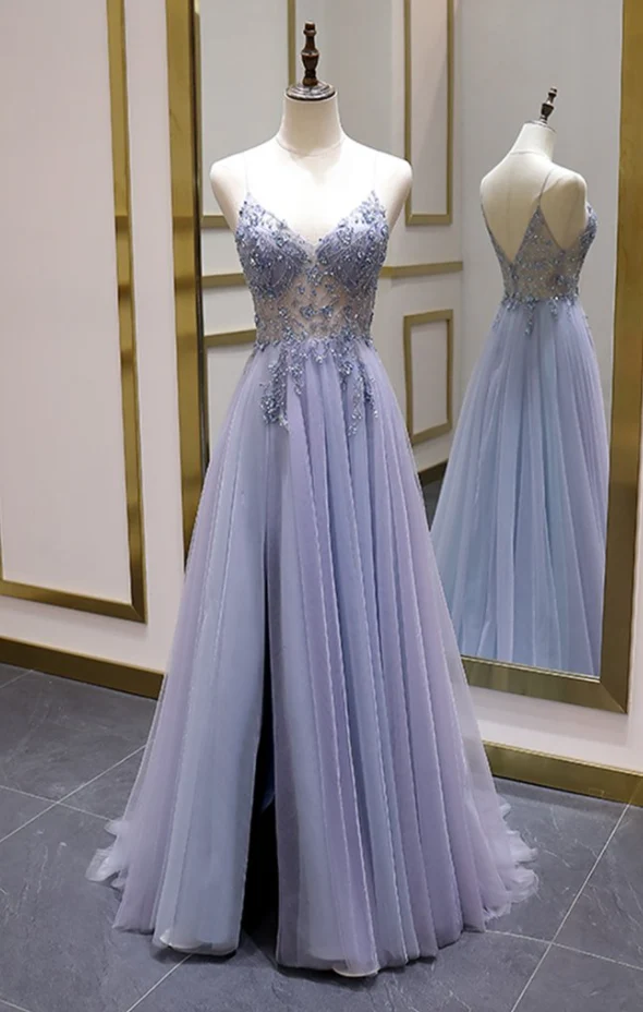 Robe de soirée longue scintillante à bretelles spaghetti et coupe trapèze