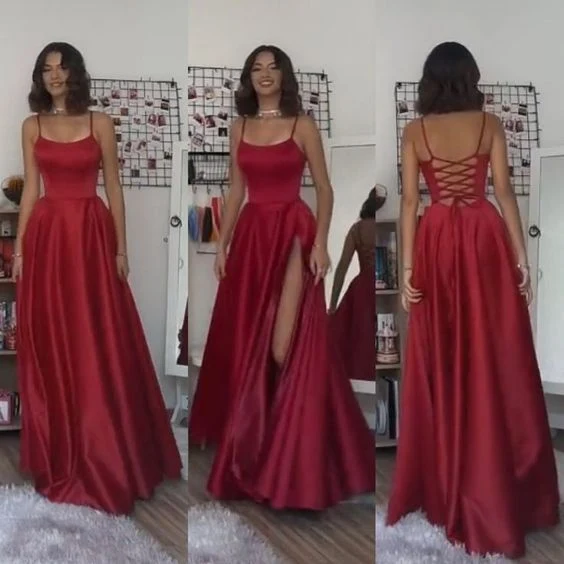 Robe de soirée longue rouge foncé, coupe trapèze, élégante