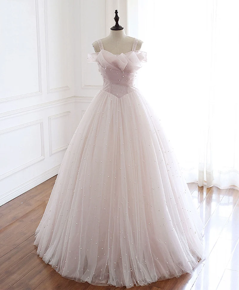 Robe de bal longue en tulle rose clair, robe de soirée formelle