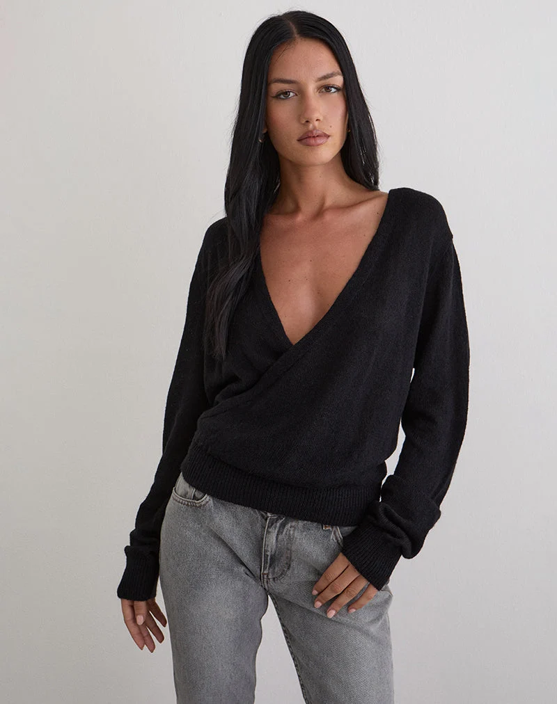Haut cache-cœur plongeant Saroya en tricot noir