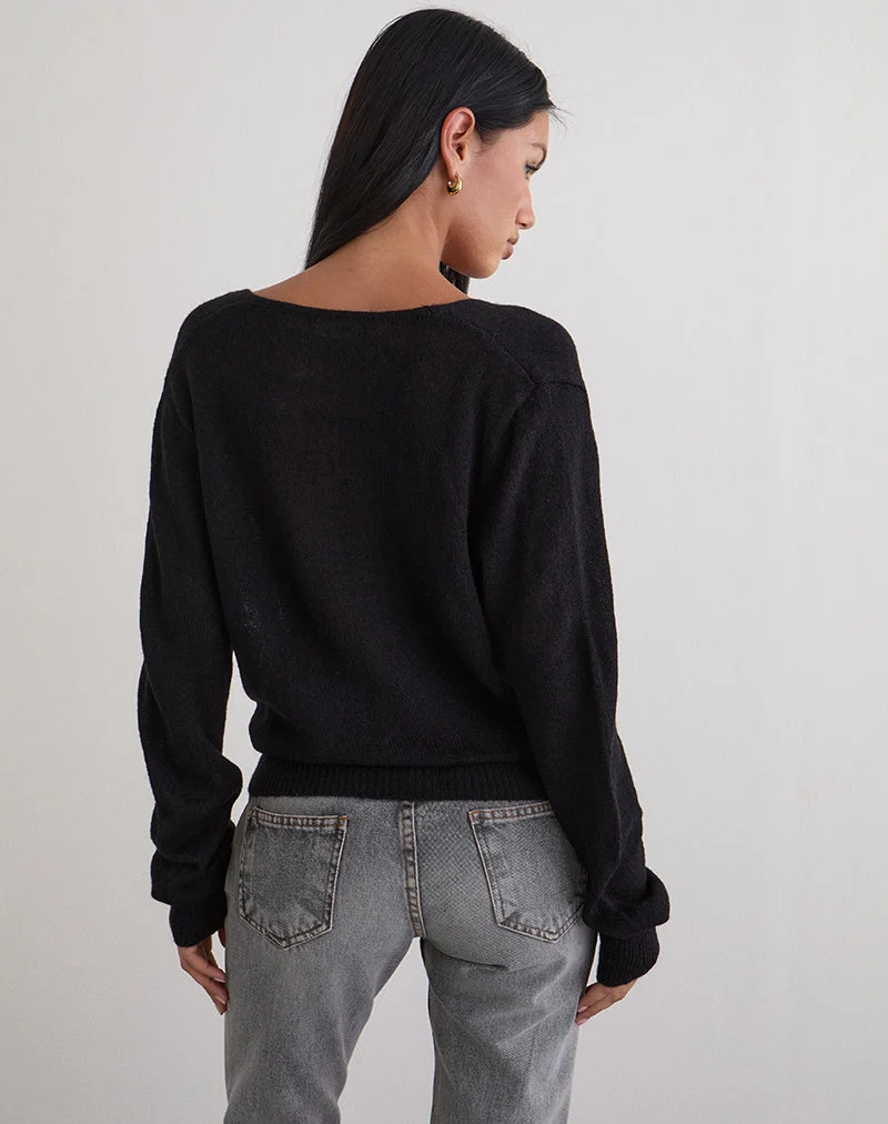 Haut cache-cœur plongeant Saroya en tricot noir