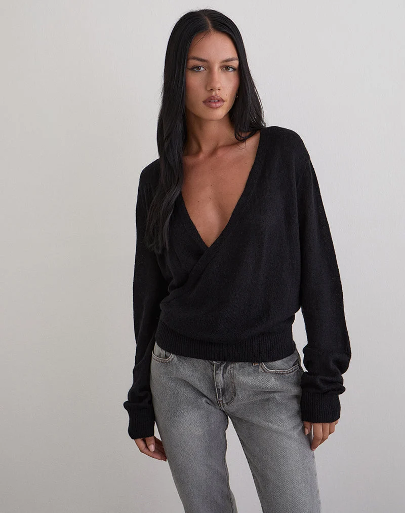 Haut cache-cœur plongeant Saroya en tricot noir