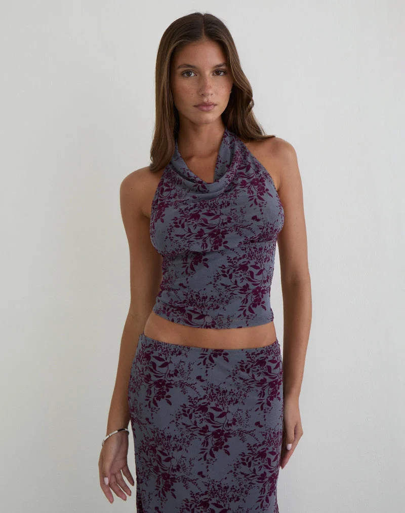 Hineba Top en fine feuille floquée gris fumé