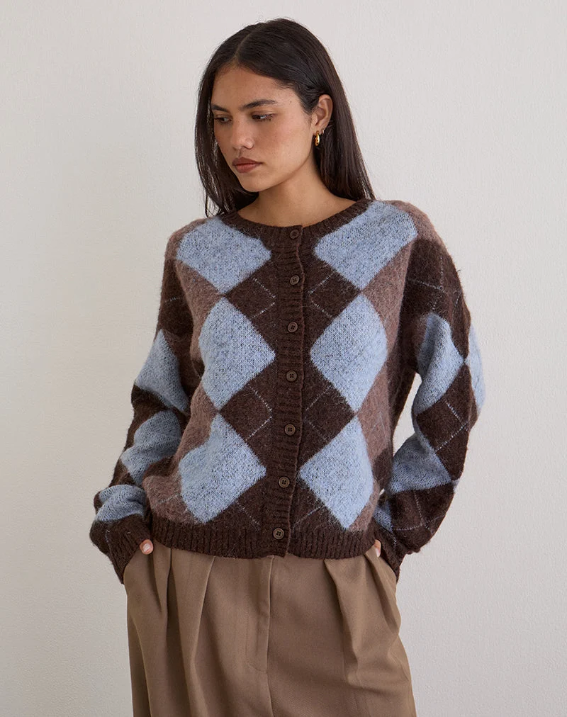 Cardigan Eliana en tricot bleu à motif argyle
