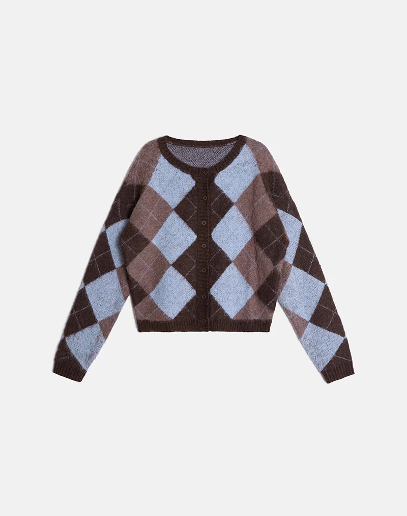 Cardigan Eliana en tricot bleu à motif argyle