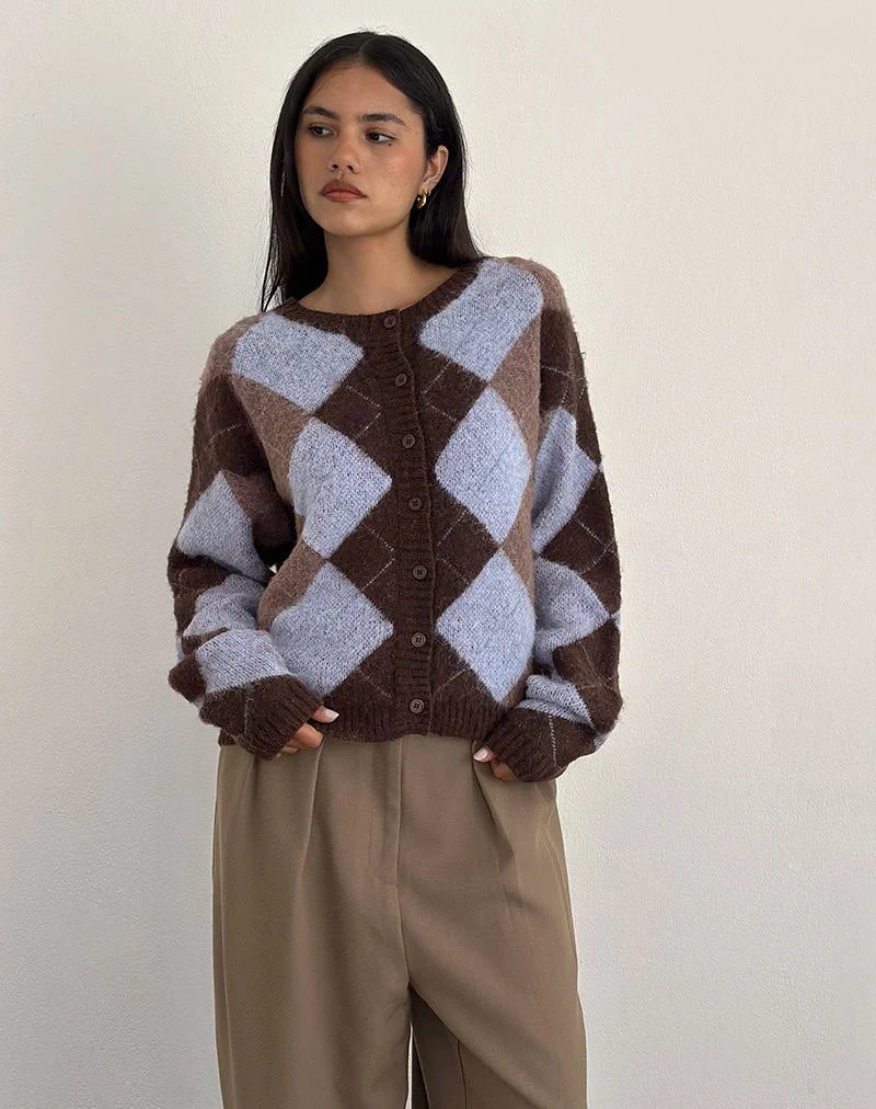 Cardigan Eliana en tricot bleu à motif argyle