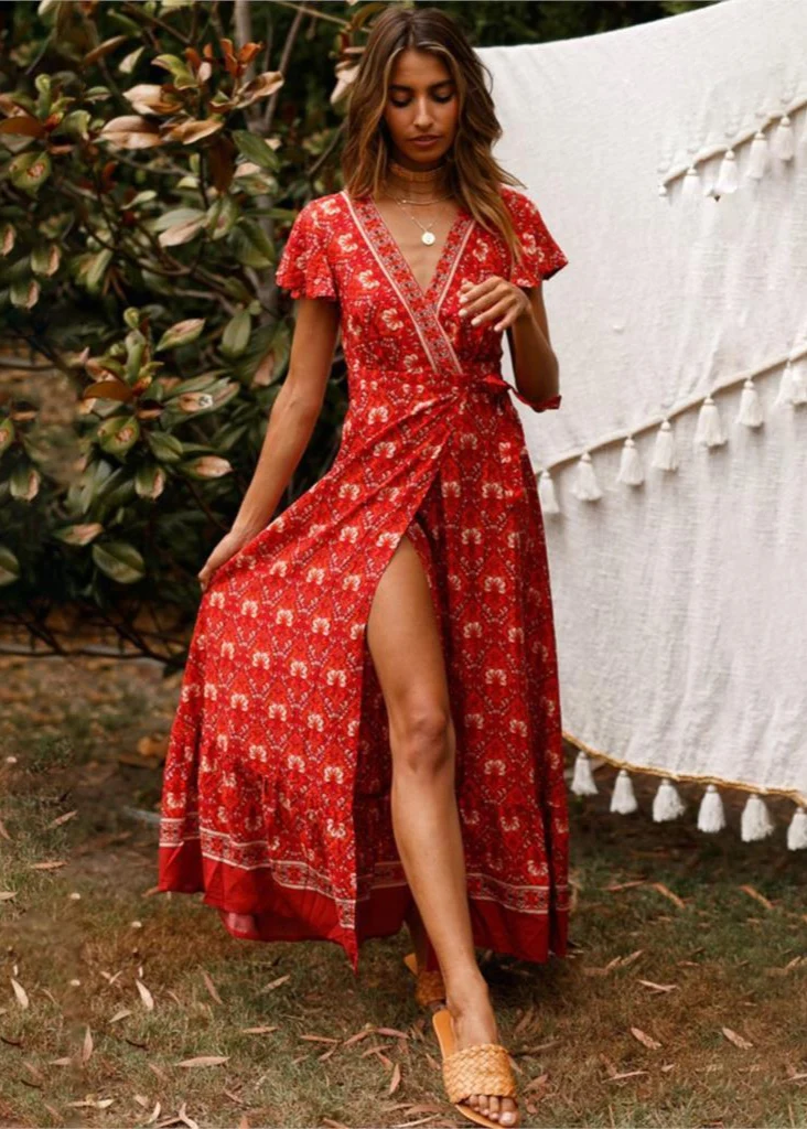 Robe Bohème Rouge Fendue Cache Coeur