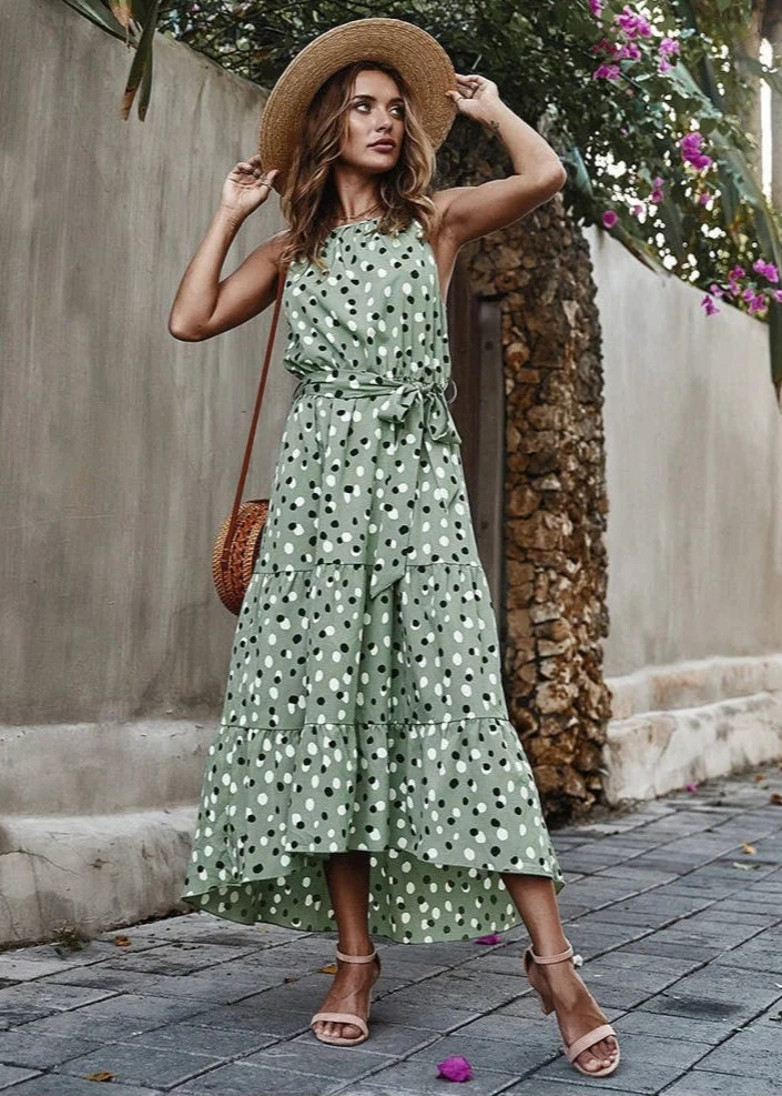 Robe Longue Bohème De Plage Pois Vert