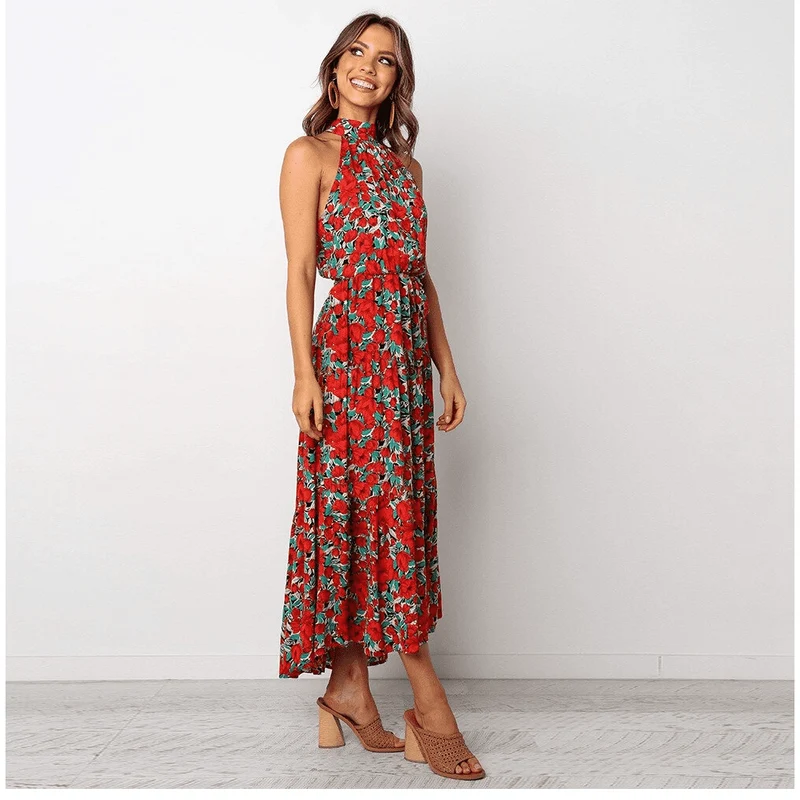 Robe longue bohème rouge vert