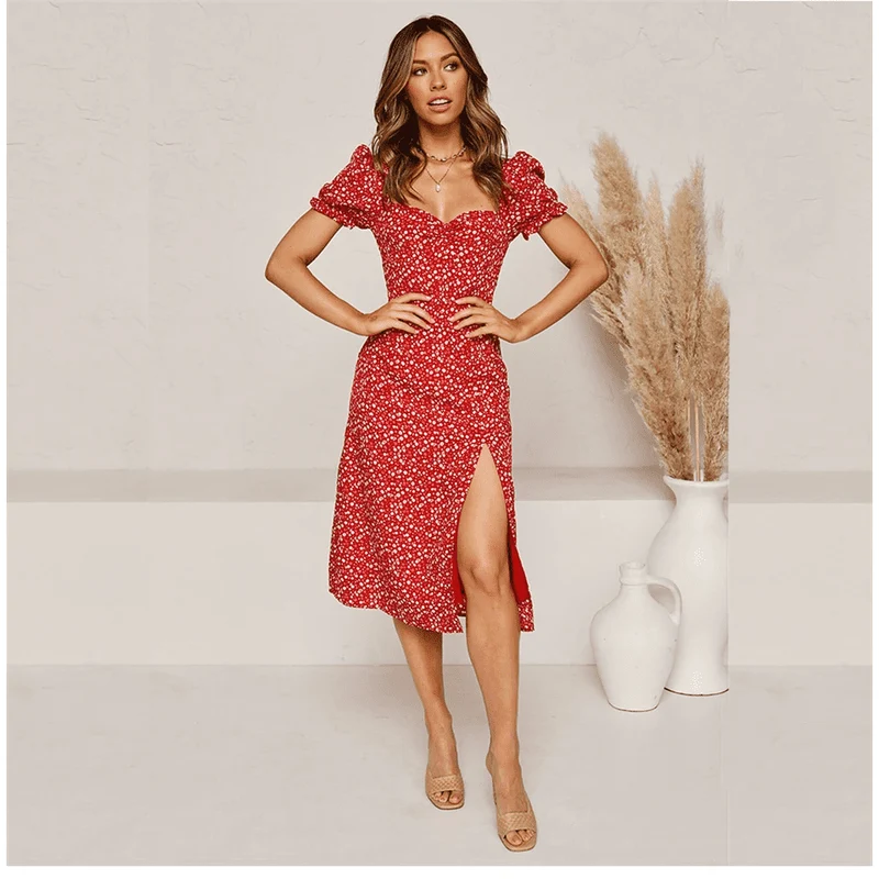 Robe Bohème Mi Longue Rouge Fendue